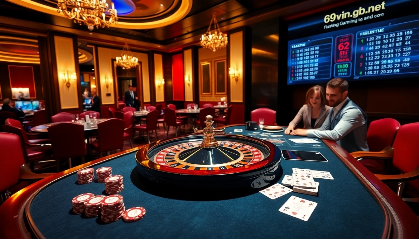 Players engaging in a thrilling game at 69vn.gb.net's luxurious casino interface with vibrant ambiance.