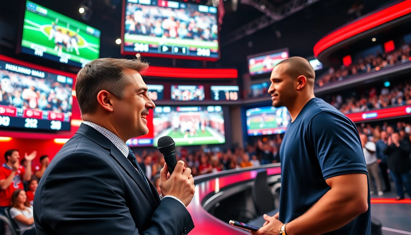 Engaging sports broadcasting scene featuring an energetic host interviewing an athlete.